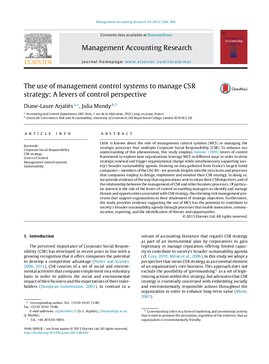 The use of management control systems to manage CSR strategy: A levers of control perspective