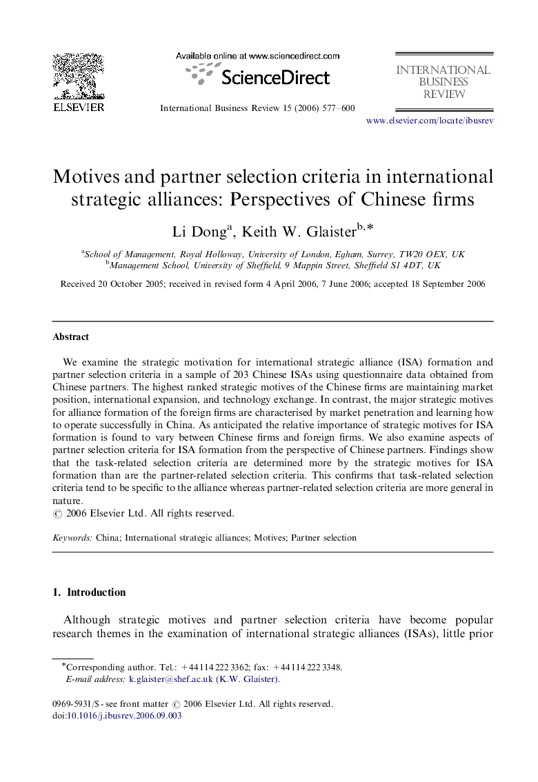 Motives and partner selection criteria in international strategic alliances: Perspectives of Chinese firms