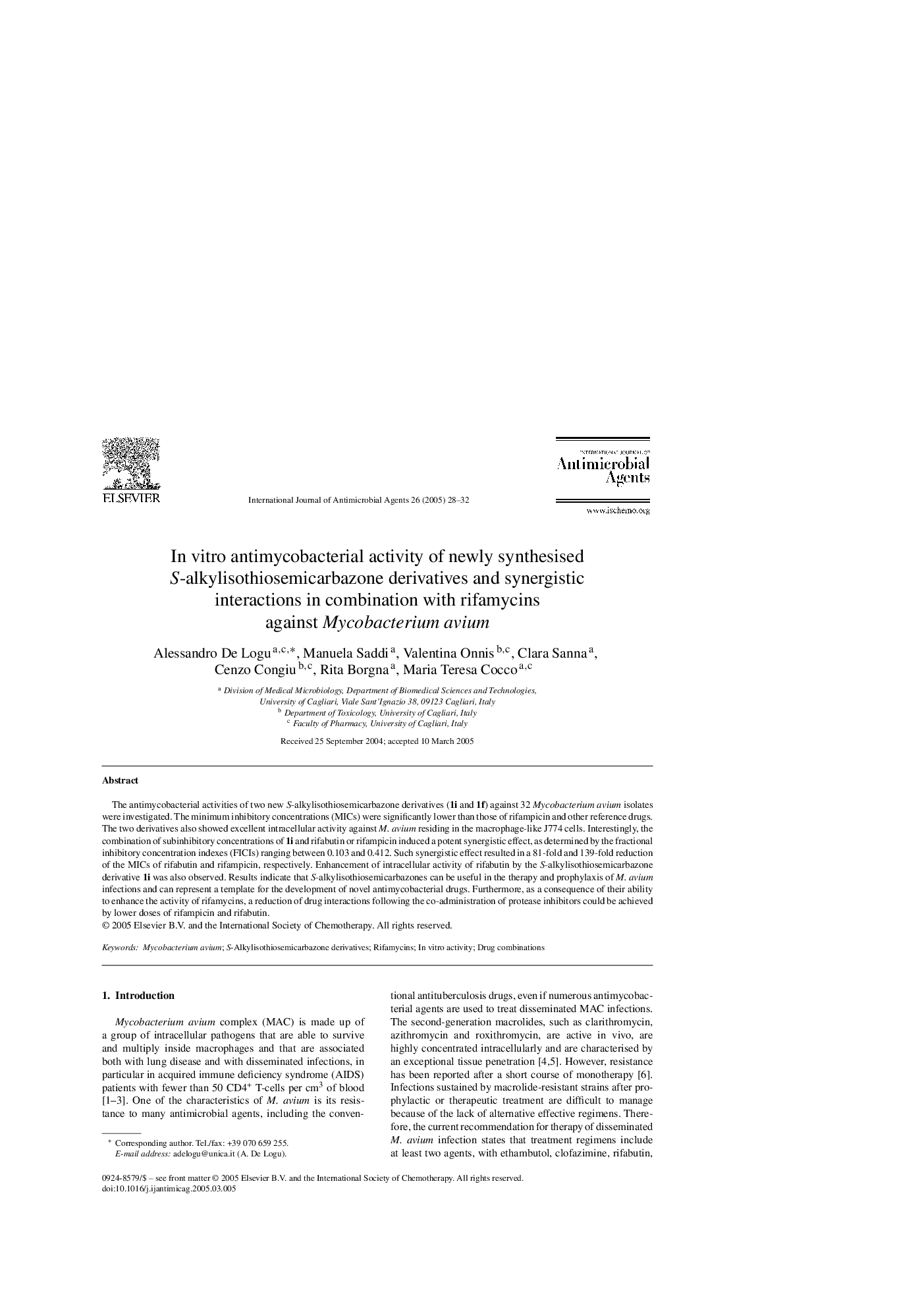 In vitro antimycobacterial activity of newly synthesised S-alkylisothiosemicarbazone derivatives and synergistic interactions in combination with rifamycins against Mycobacterium avium