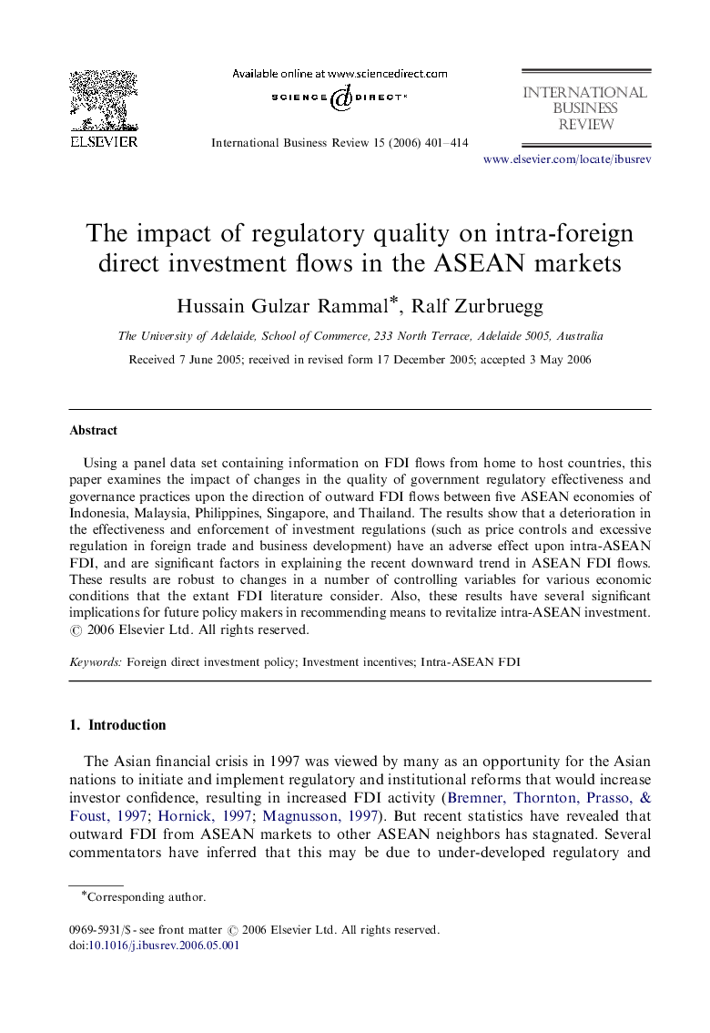 The impact of regulatory quality on intra-foreign direct investment flows in the ASEAN markets
