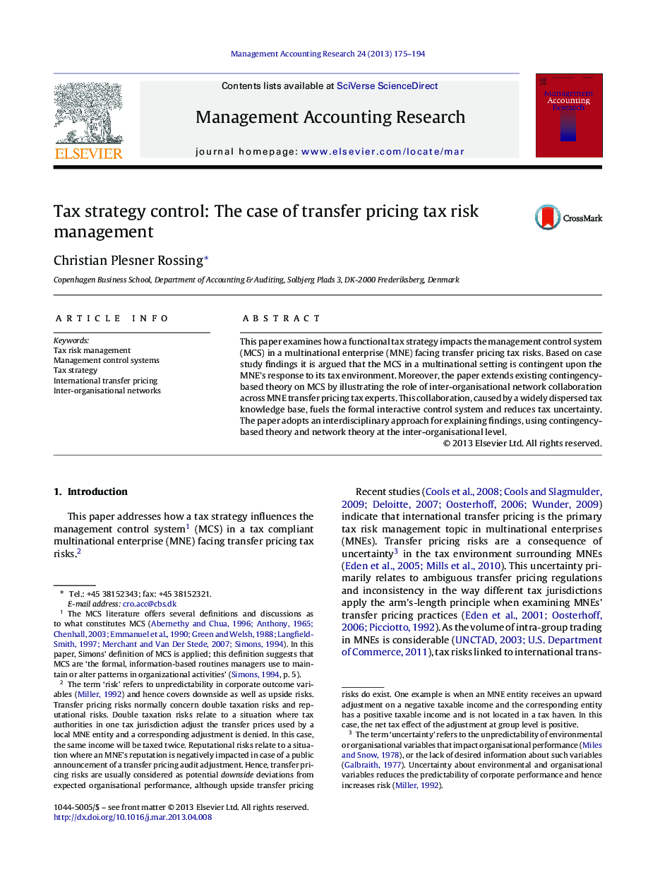 Tax strategy control: The case of transfer pricing tax risk management