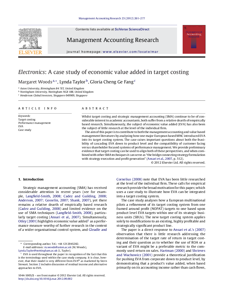 Electronics: A case study of economic value added in target costing