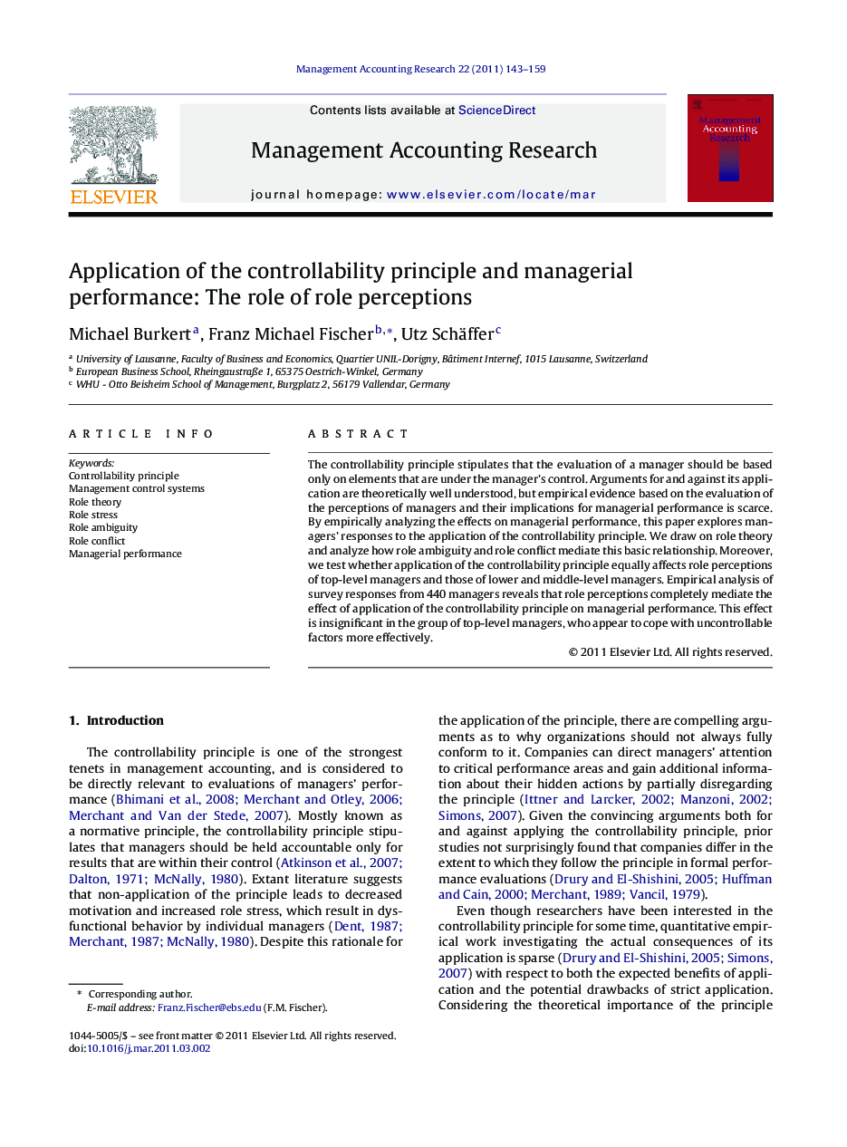 Application of the controllability principle and managerial performance: The role of role perceptions