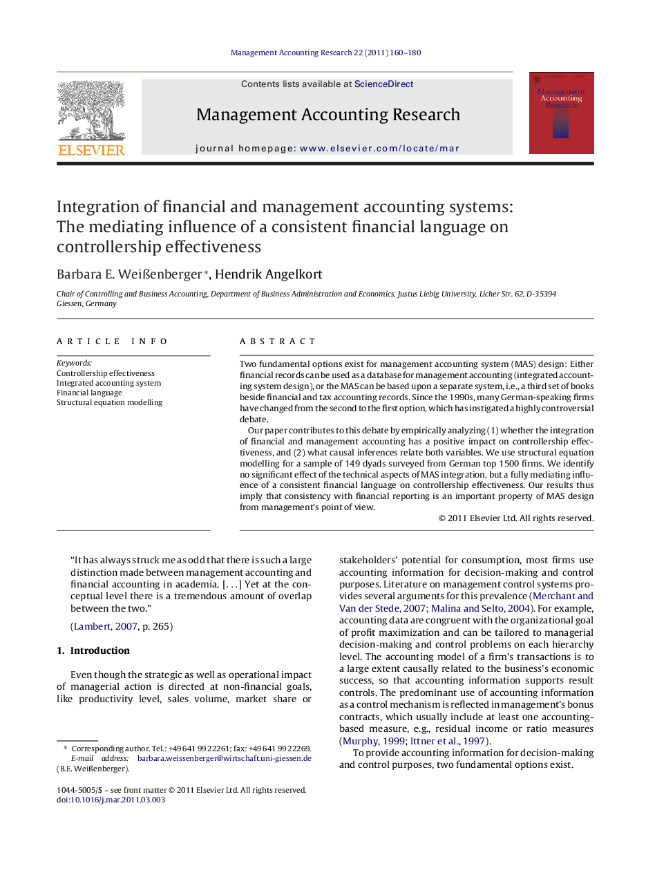 Integration of financial and management accounting systems: The mediating influence of a consistent financial language on controllership effectiveness