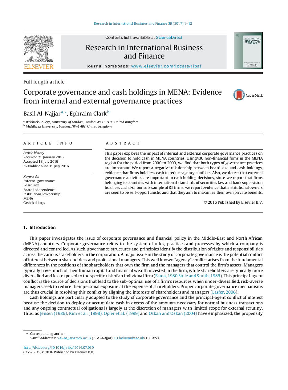 Corporate governance and cash holdings in MENA: Evidence from internal and external governance practices