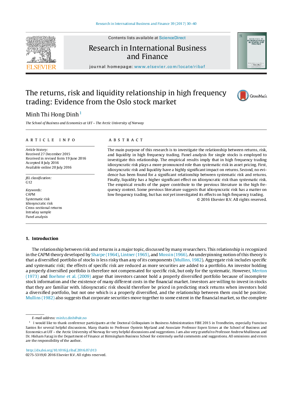 The returns, risk and liquidity relationship in high frequency trading: Evidence from the Oslo stock market