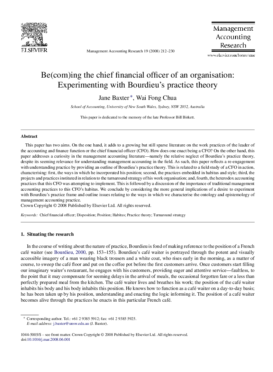 Be(com)ing the chief financial officer of an organisation: Experimenting with Bourdieu's practice theory