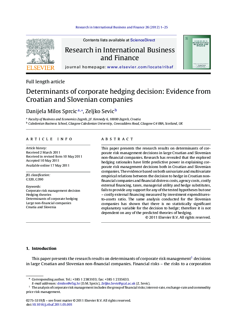 Determinants of corporate hedging decision: Evidence from Croatian and Slovenian companies
