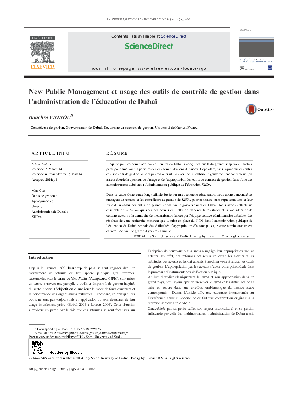عکس صفحه اول مقاله: New Public Management et usage des outils de contrôle de gestion dans l’administration de l’éducation de Dubaï New Public Management et usage des outils de contrôle de gestion dans l’administration de l’éducation de Dubaï