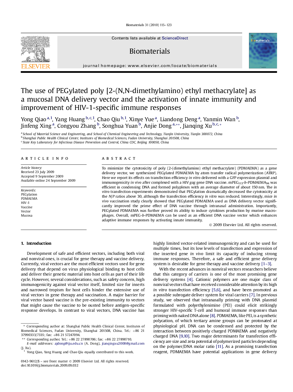 The use of PEGylated poly [2-(N,N-dimethylamino) ethyl methacrylate] as a mucosal DNA delivery vector and the activation of innate immunity and improvement of HIV-1-specific immune responses