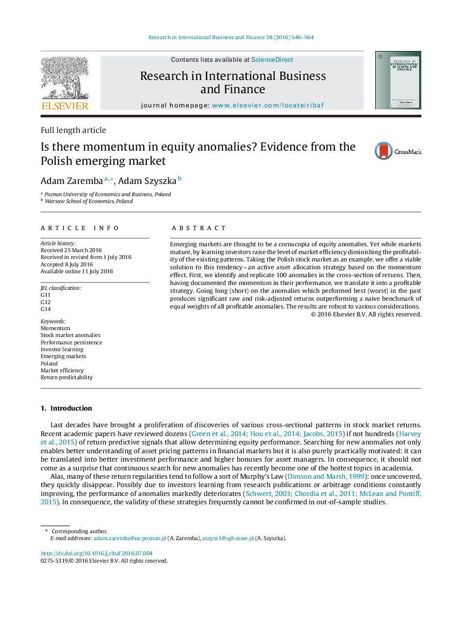 Is there momentum in equity anomalies? Evidence from the Polish emerging market