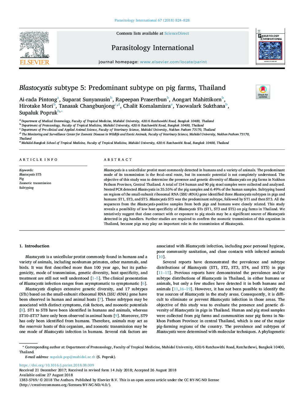 Blastocystis subtype 5: Predominant subtype on pig farms, Thailand