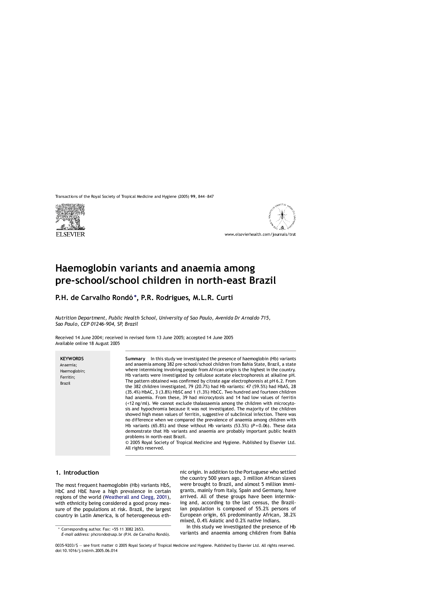 Haemoglobin variants and anaemia among pre-school/school children in north-east Brazil