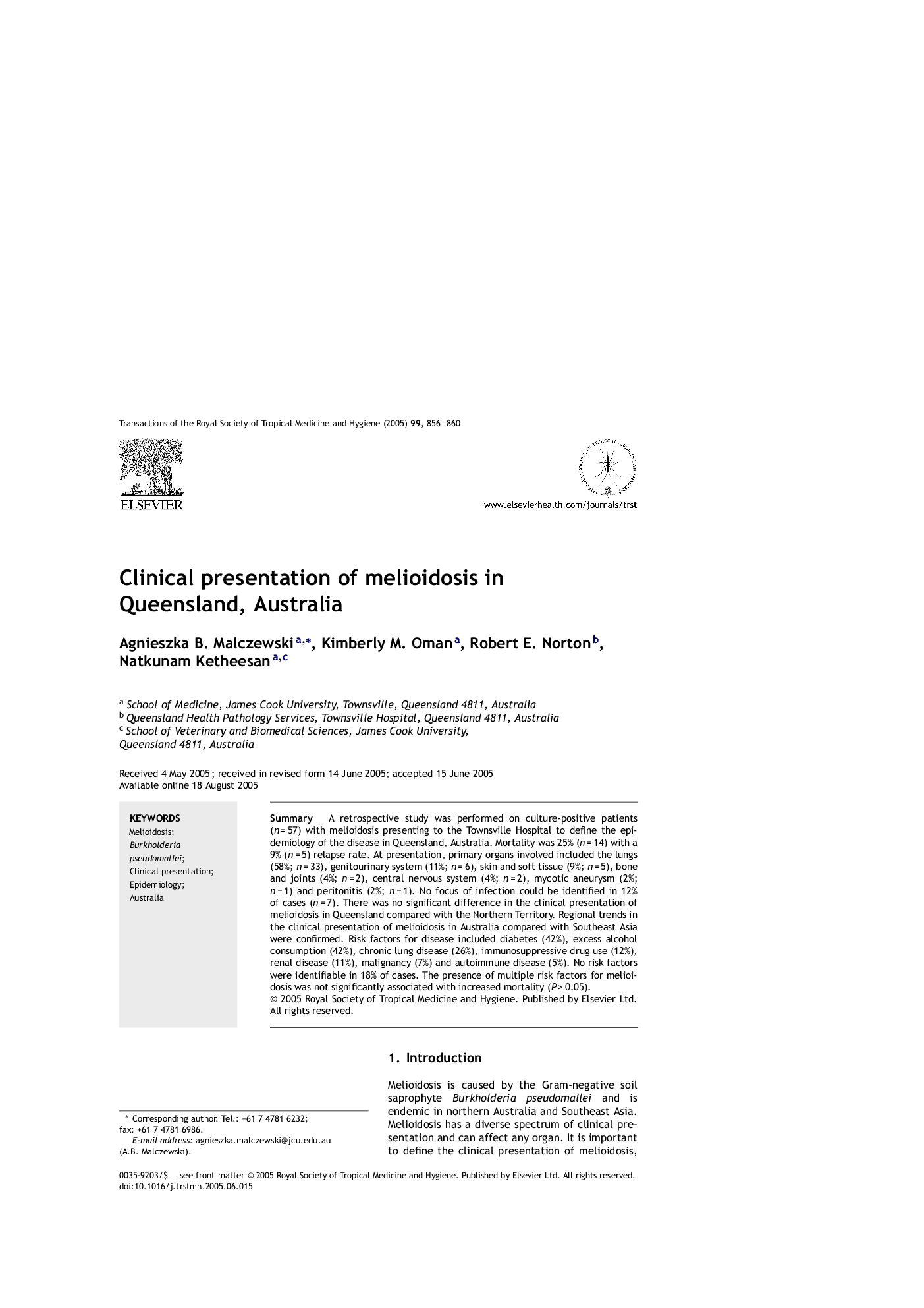 Clinical presentation of melioidosis in Queensland, Australia