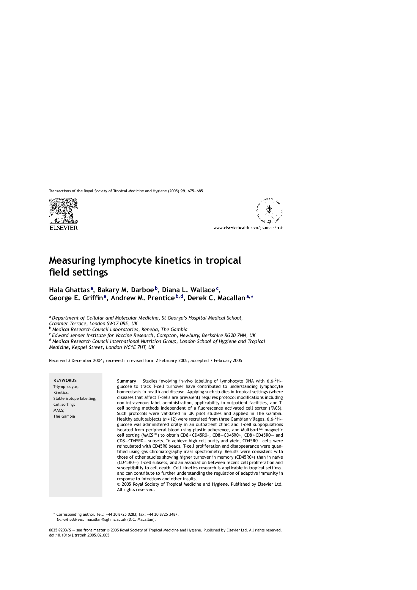 عکس صفحه اول مقاله: Measuring lymphocyte kinetics in tropical field settings Measuring lymphocyte kinetics in tropical field settings