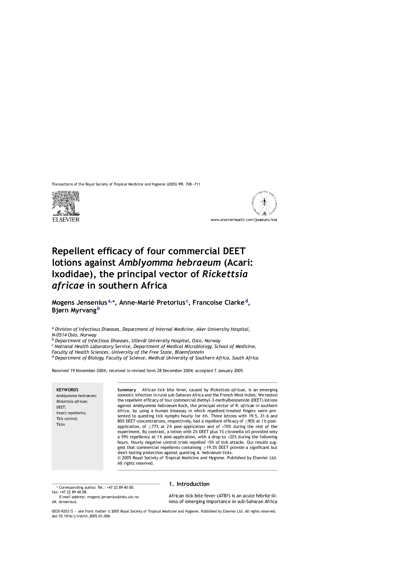 Repellent efficacy of four commercial DEET lotions against Amblyomma hebraeum (Acari: Ixodidae), the principal vector of Rickettsia africae in southern Africa