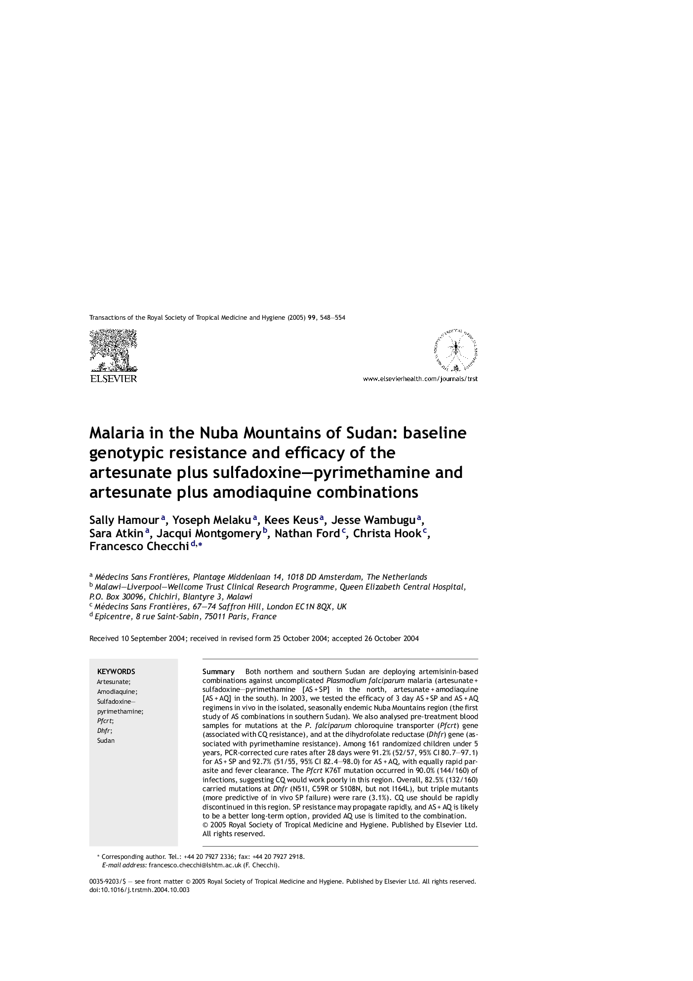 Malaria in the Nuba Mountains of Sudan: baseline genotypic resistance and efficacy of the artesunate plus sulfadoxine-pyrimethamine and artesunate plus amodiaquine combinations