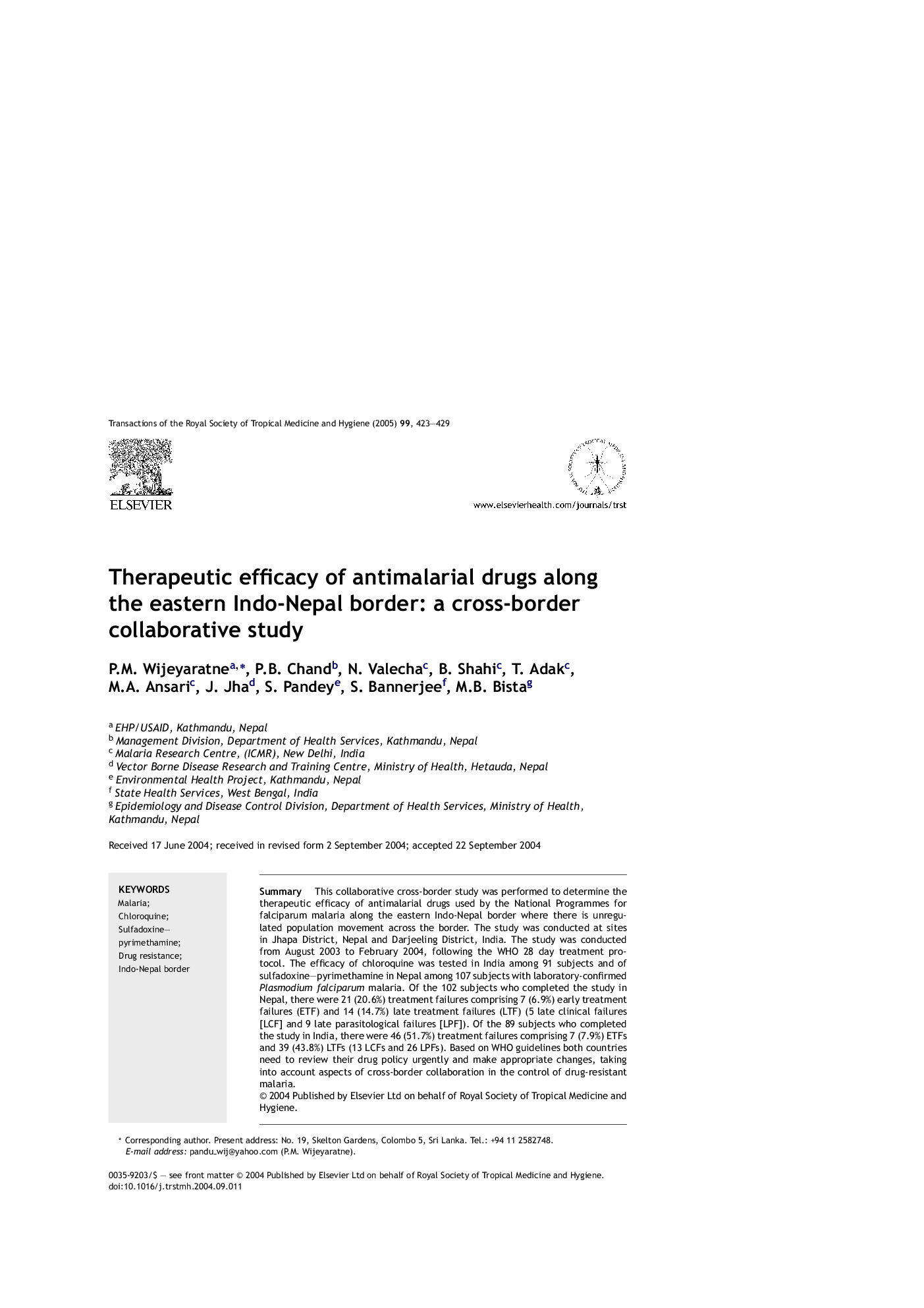 Therapeutic efficacy of antimalarial drugs along the eastern Indo-Nepal border: a cross-border collaborative study