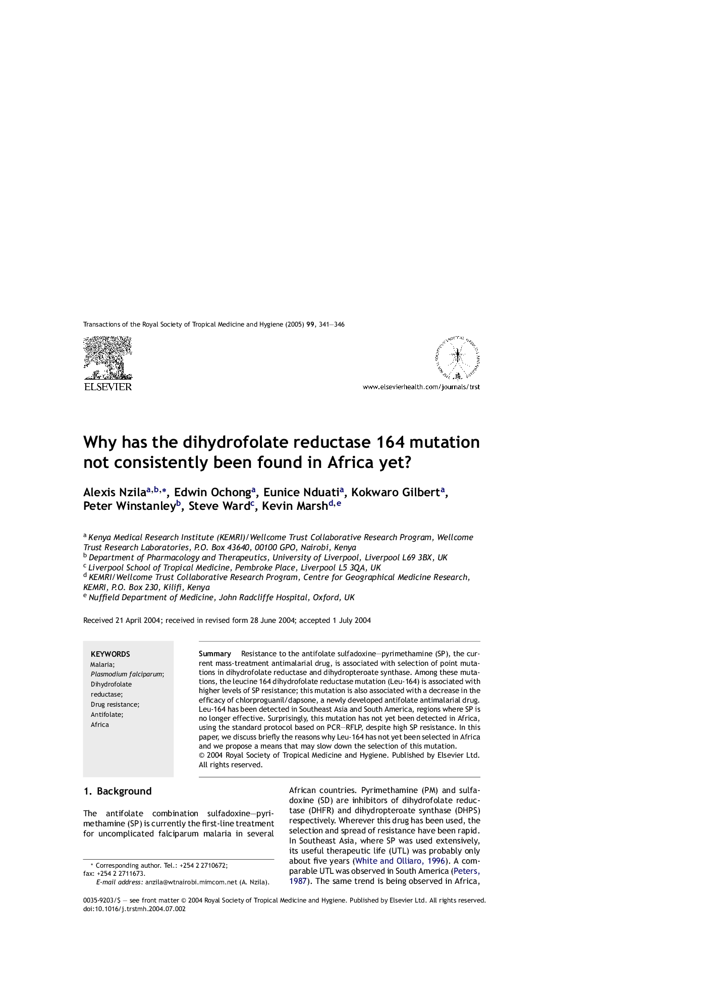 Why has the dihydrofolate reductase 164 mutation not consistently been found in Africa yet?