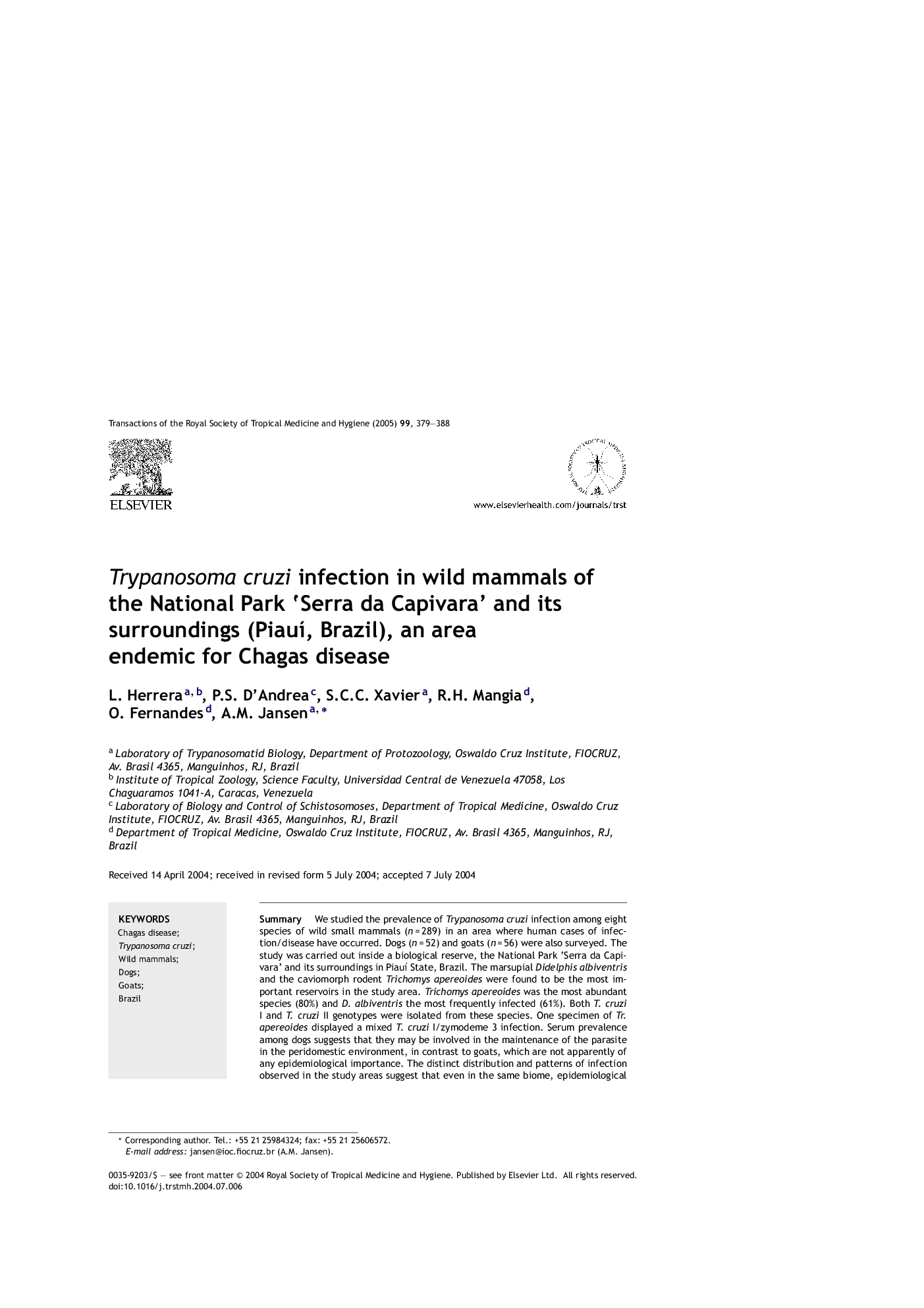 Trypanosoma cruzi infection in wild mammals of the National Park 'Serra da Capivara' and its surroundings (PiauÃ­, Brazil), an area endemic for Chagas disease