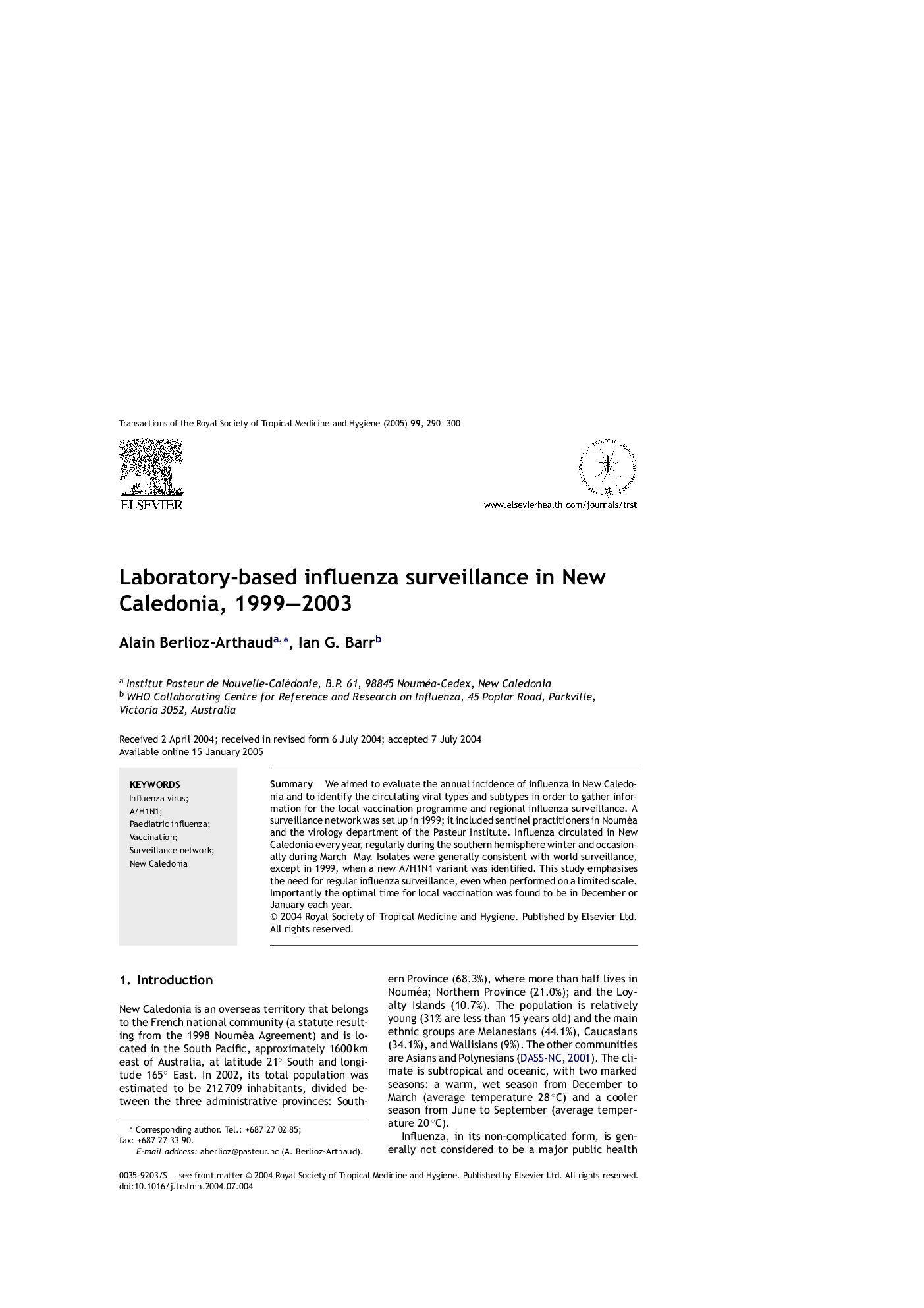 Laboratory-based influenza surveillance in New Caledonia, 1999-2003