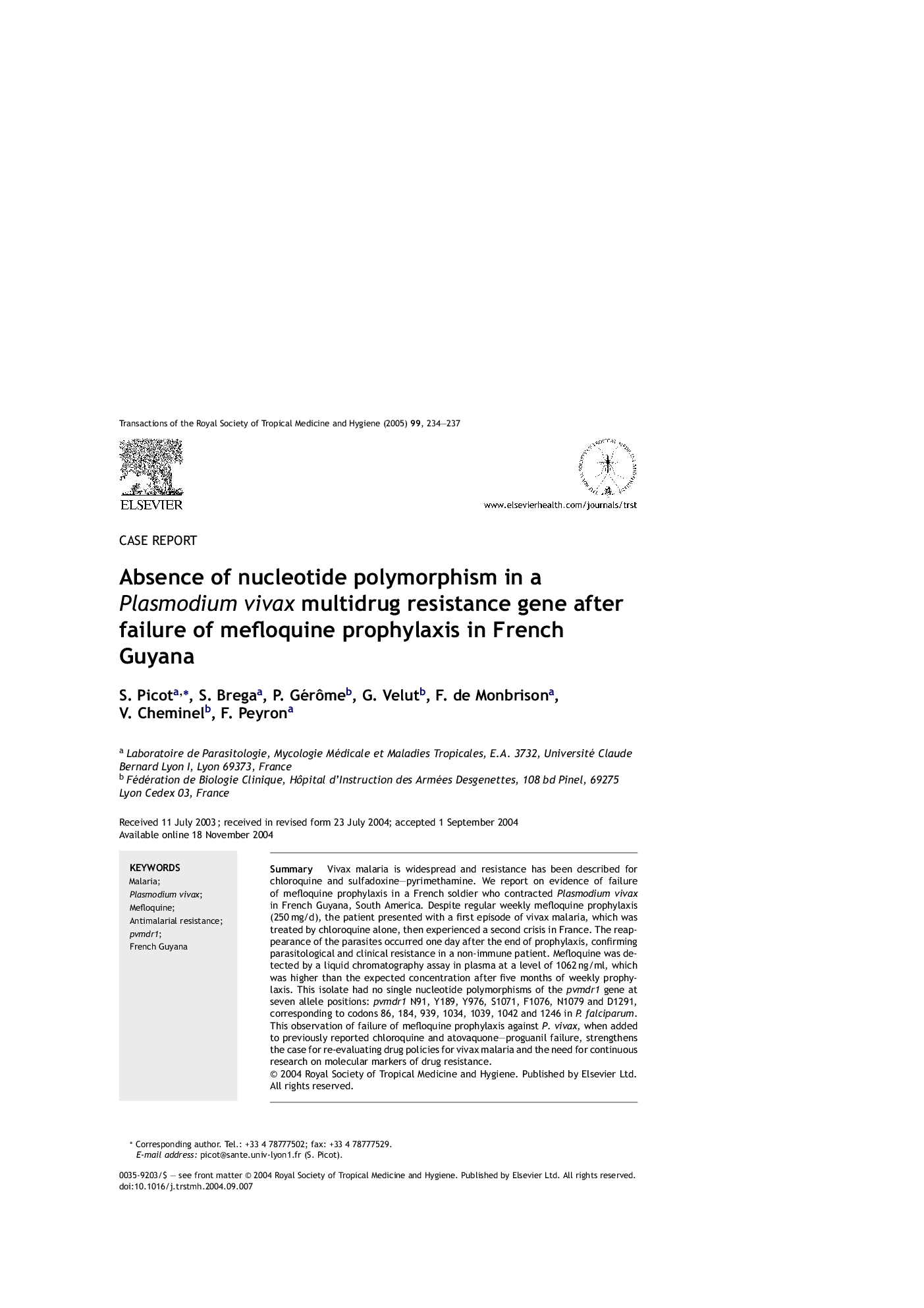 Absence of nucleotide polymorphism in a Plasmodium vivax multidrug resistance gene after failure of mefloquine prophylaxis in French Guyana