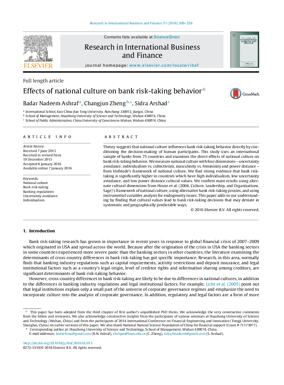 Effects of national culture on bank risk-taking behavior 