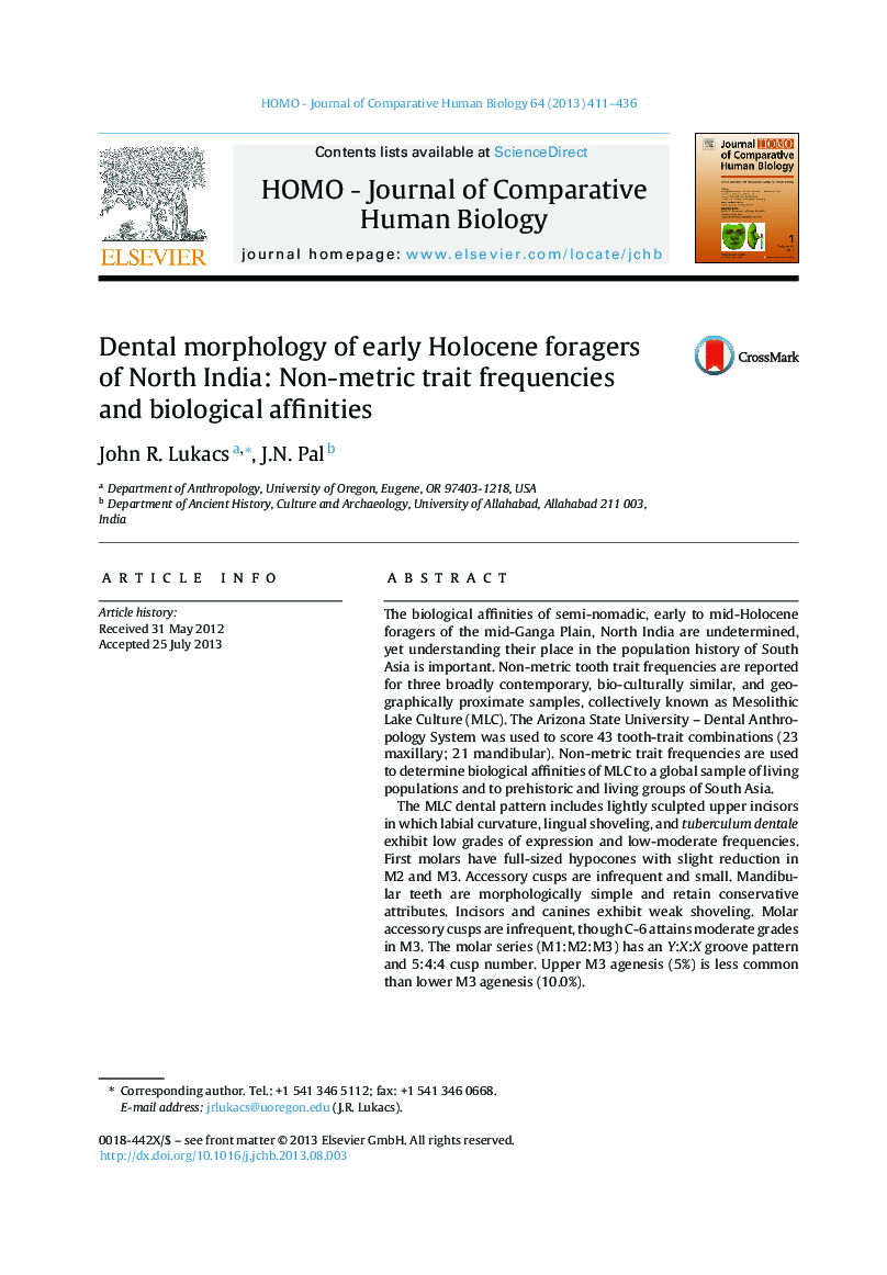 Dental morphology of early Holocene foragers of North India: Non-metric trait frequencies and biological affinities