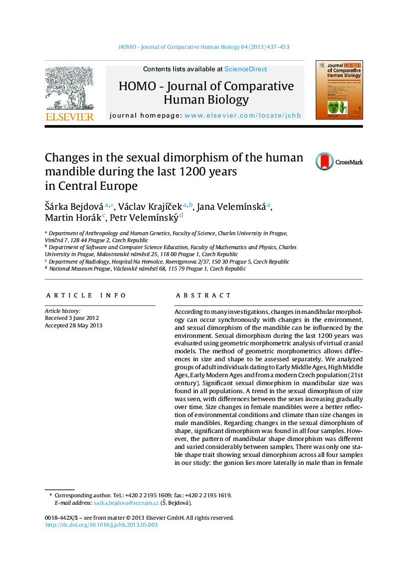 Changes in the sexual dimorphism of the human mandible during the last 1200 years in Central Europe