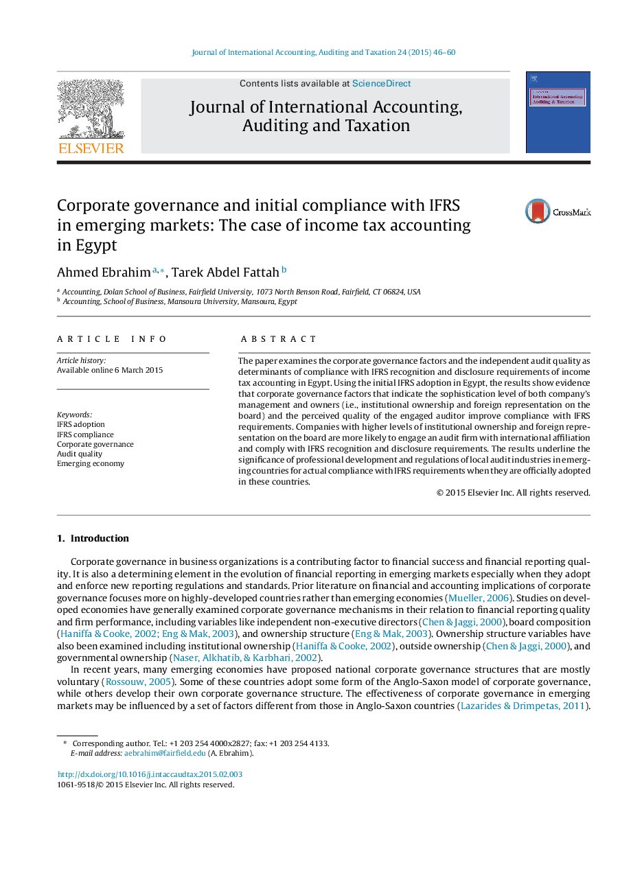 Corporate governance and initial compliance with IFRS in emerging markets: The case of income tax accounting in Egypt