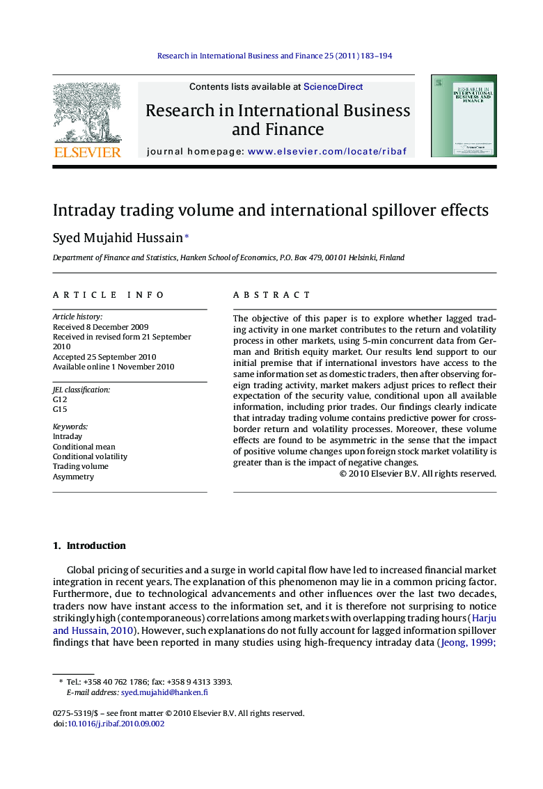 Intraday trading volume and international spillover effects