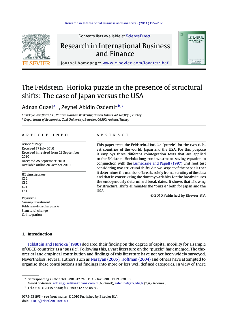 The Feldstein-Horioka puzzle in the presence of structural shifts: The case of Japan versus the USA
