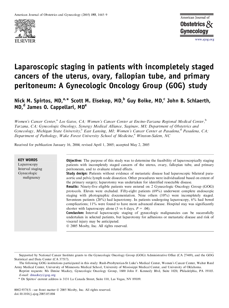 Laparoscopic staging in patients with incompletely staged cancers of the uterus, ovary, fallopian tube, and primary peritoneum: A Gynecologic Oncology Group (GOG) study
