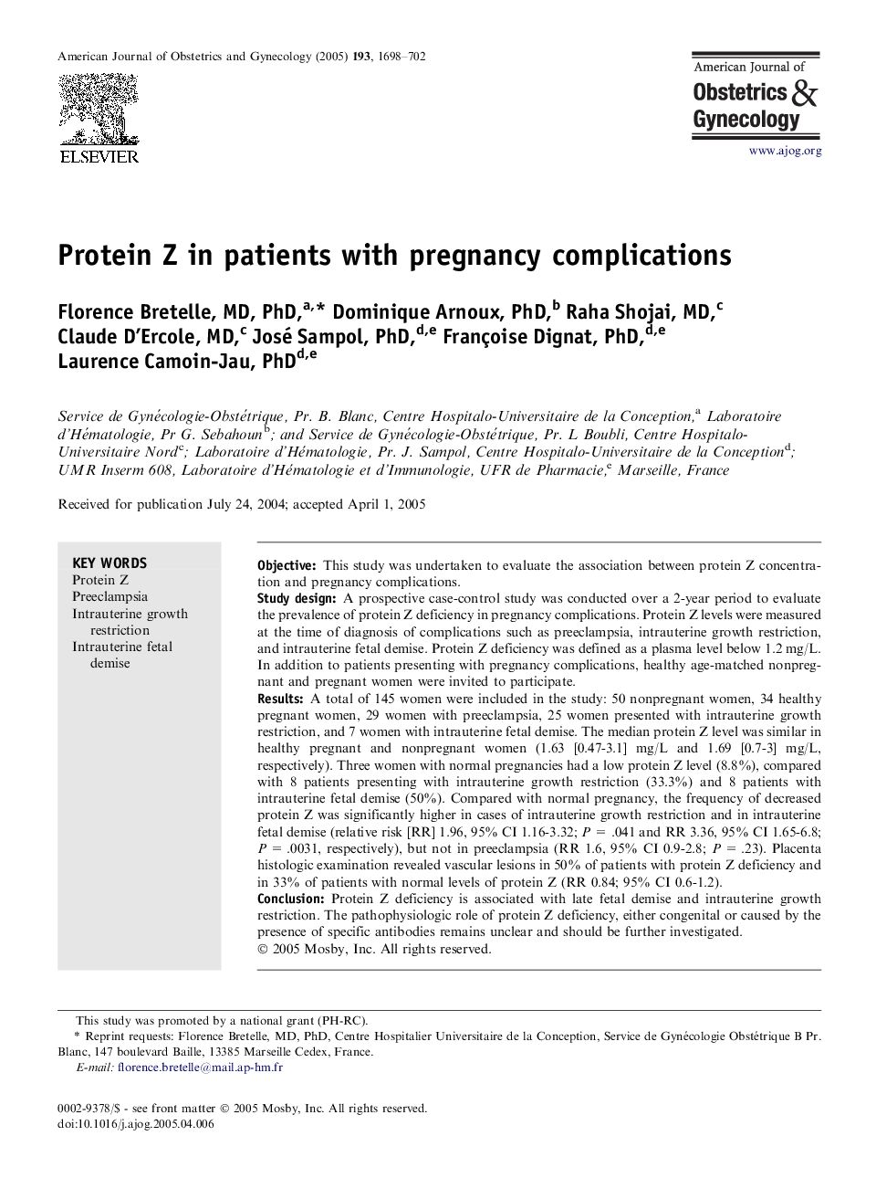 Protein Z in patients with pregnancy complications