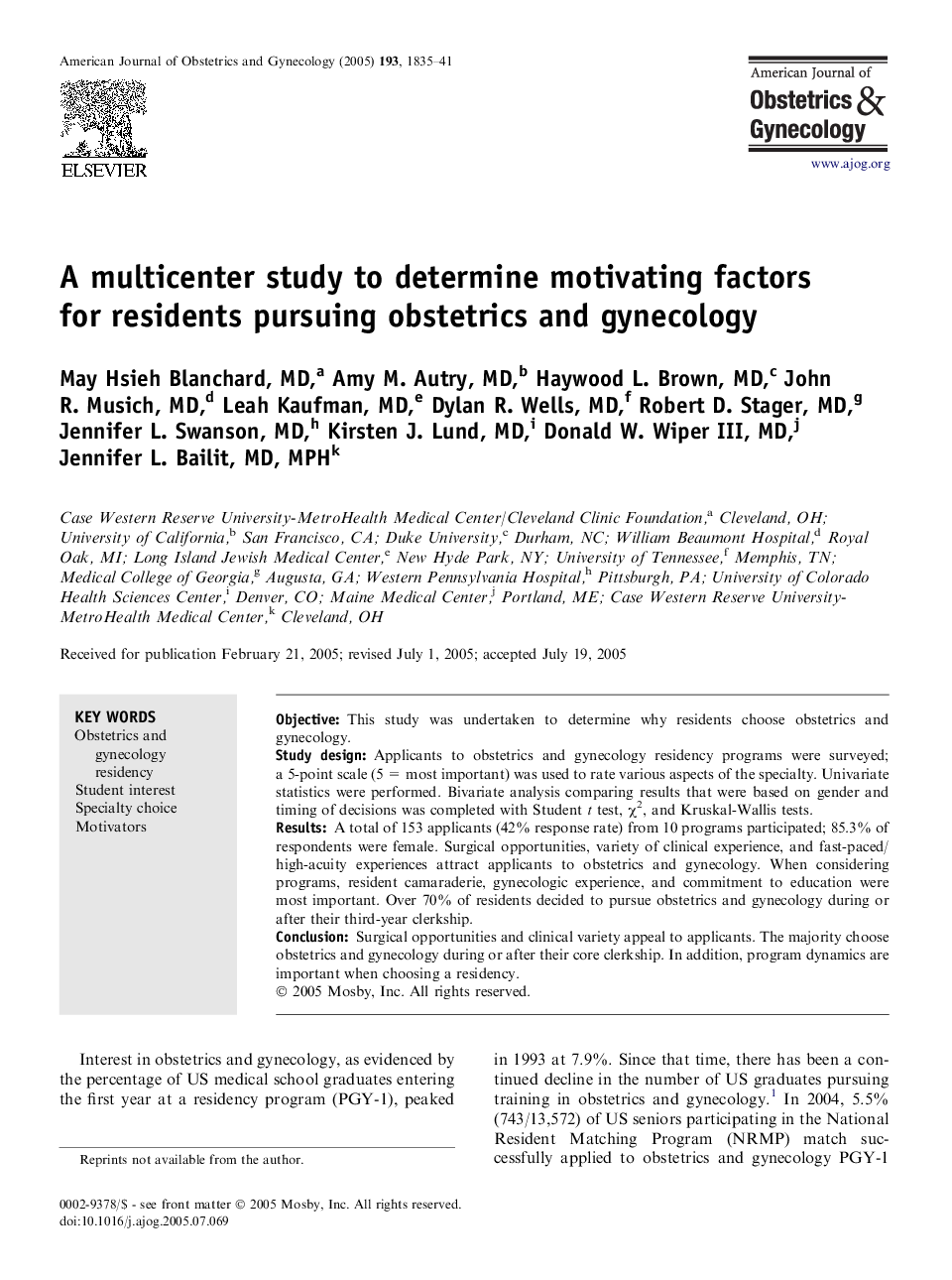 A multicenter study to determine motivating factors for residents pursuing obstetrics and gynecology