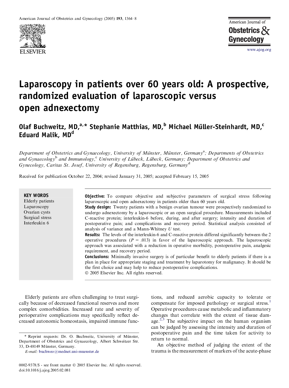 Laparoscopy in patients over 60 years old: A prospective, randomized evaluation of laparoscopic versus open adnexectomy