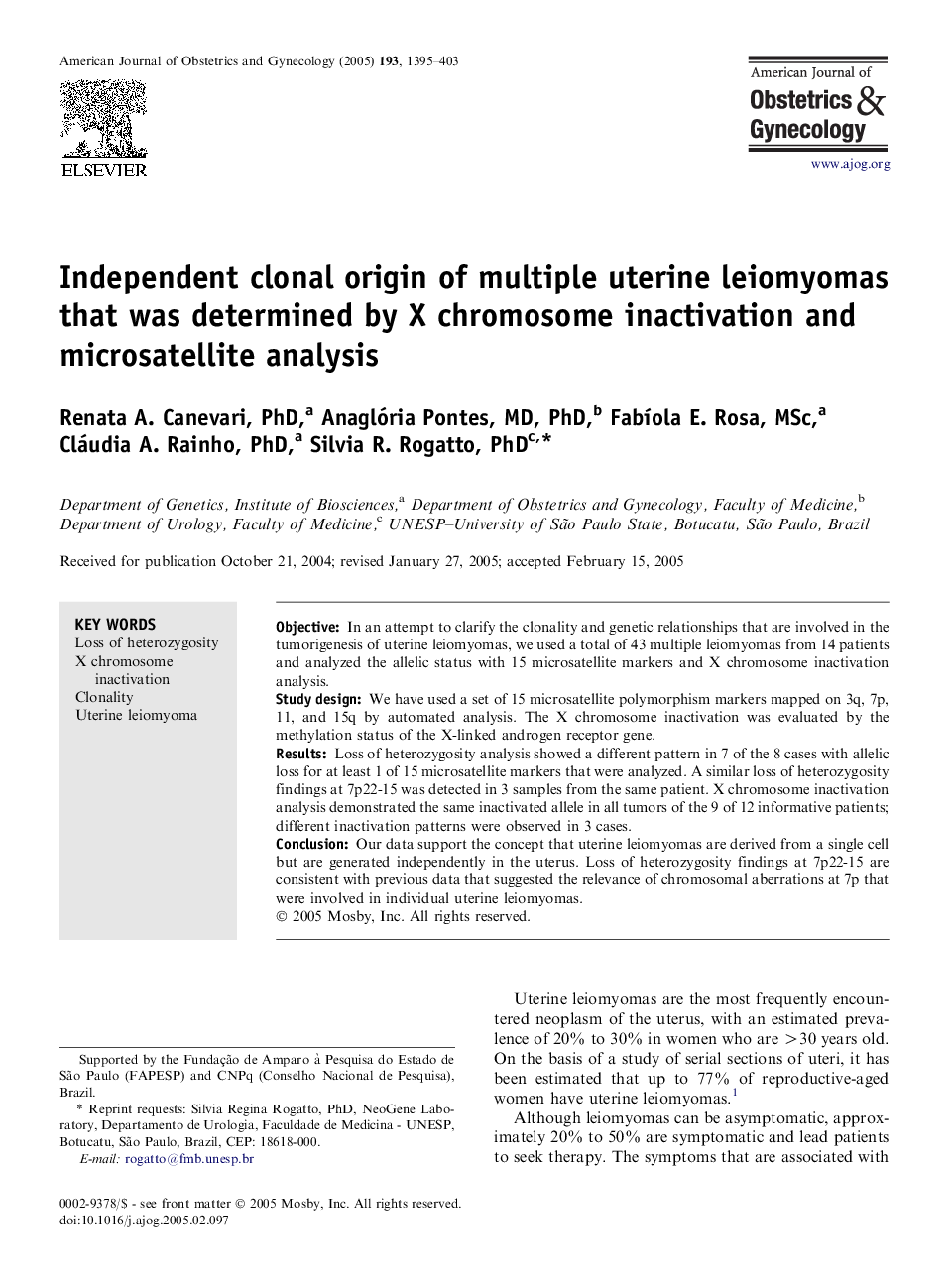 Independent clonal origin of multiple uterine leiomyomas that was determined by X chromosome inactivation and microsatellite analysis