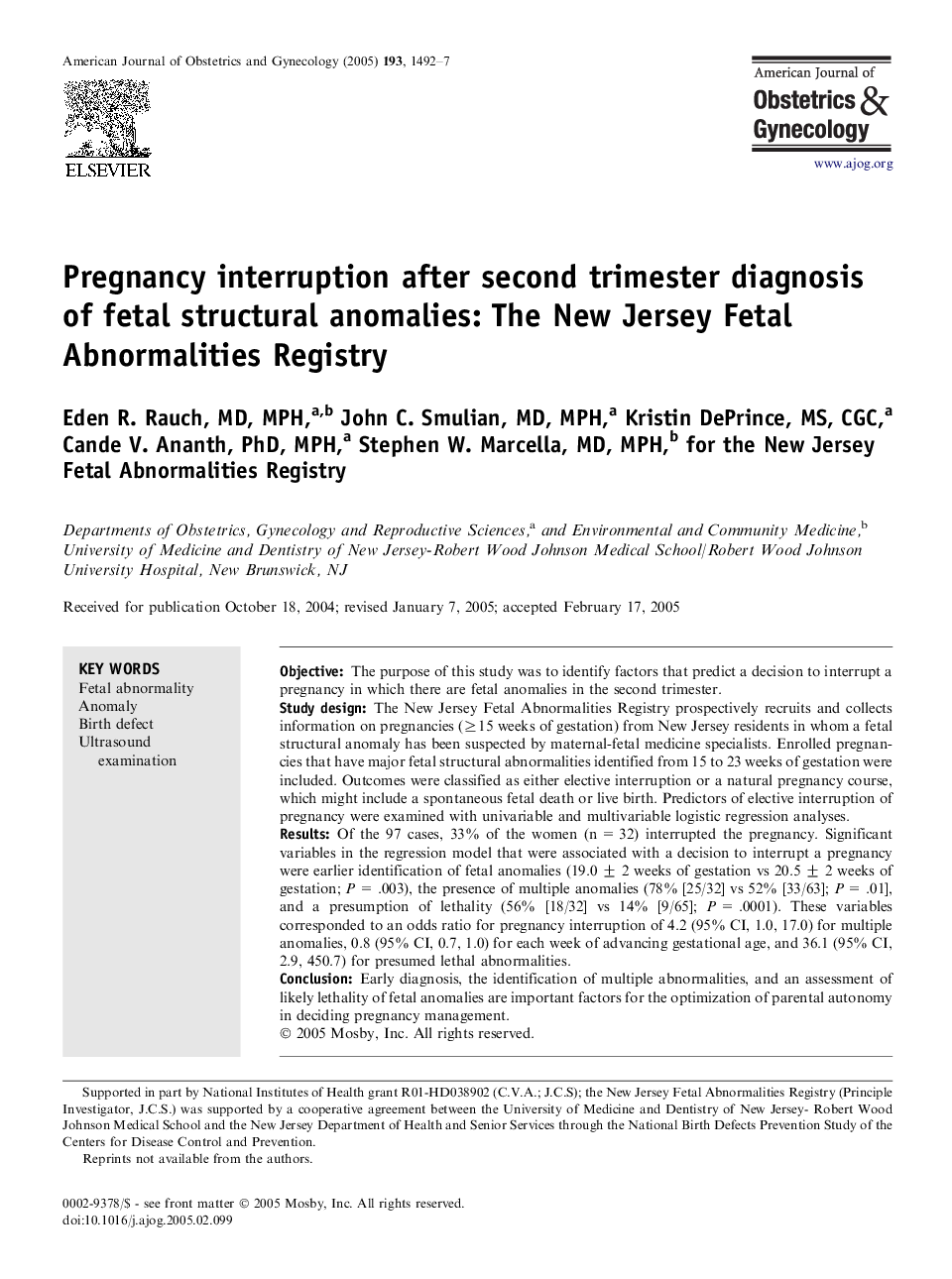 Pregnancy interruption after second trimester diagnosis of fetal structural anomalies: The New Jersey Fetal Abnormalities Registry