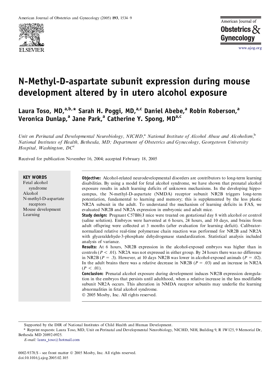 N-Methyl-D-aspartate subunit expression during mouse development altered by in utero alcohol exposure