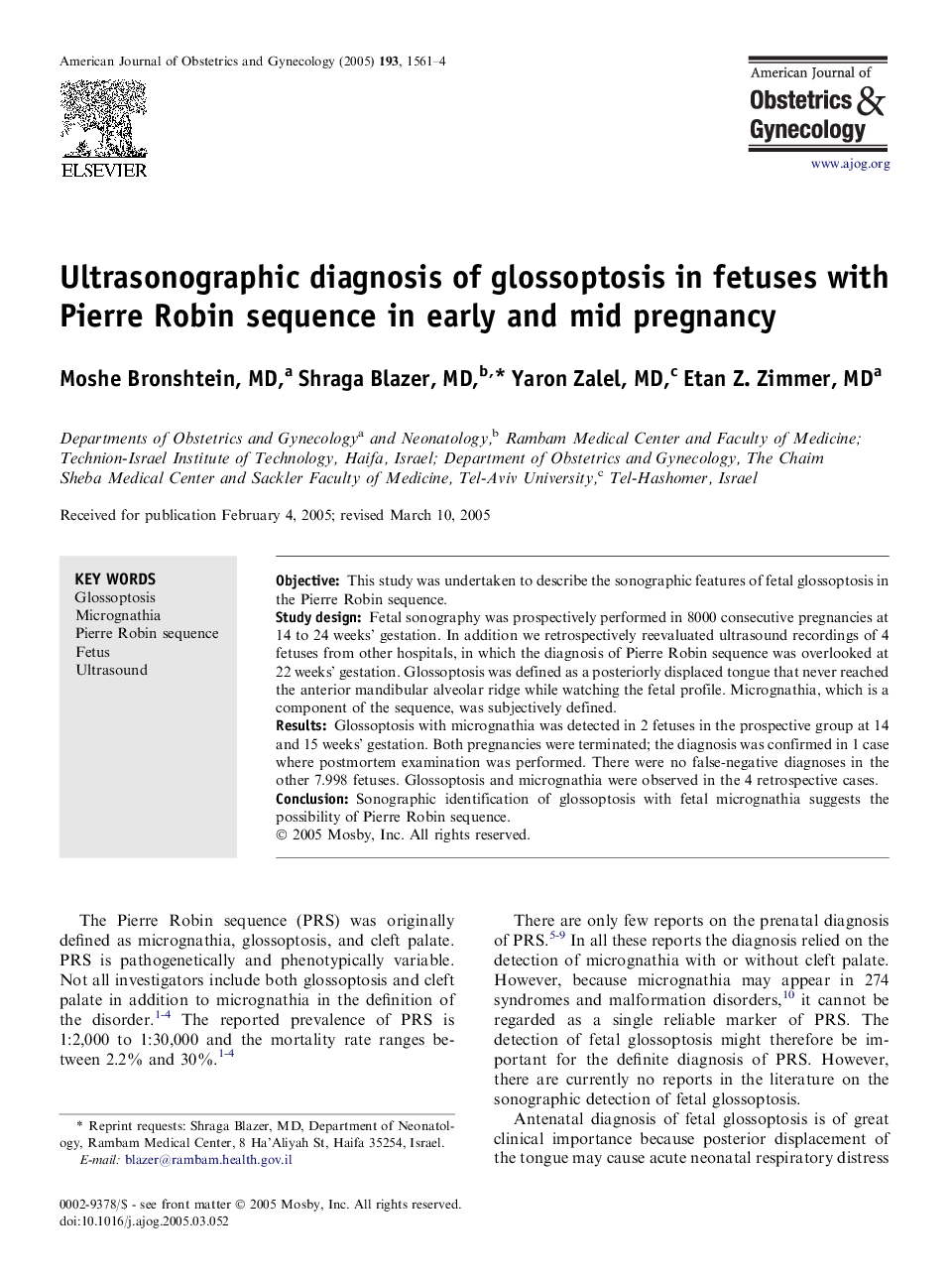 Ultrasonographic diagnosis of glossoptosis in fetuses with Pierre Robin sequence in early and mid pregnancy