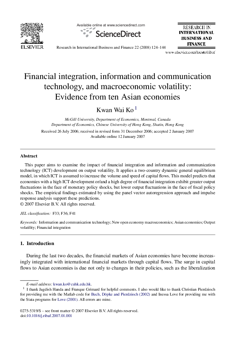 Financial integration, information and communication technology, and macroeconomic volatility: Evidence from ten Asian economies