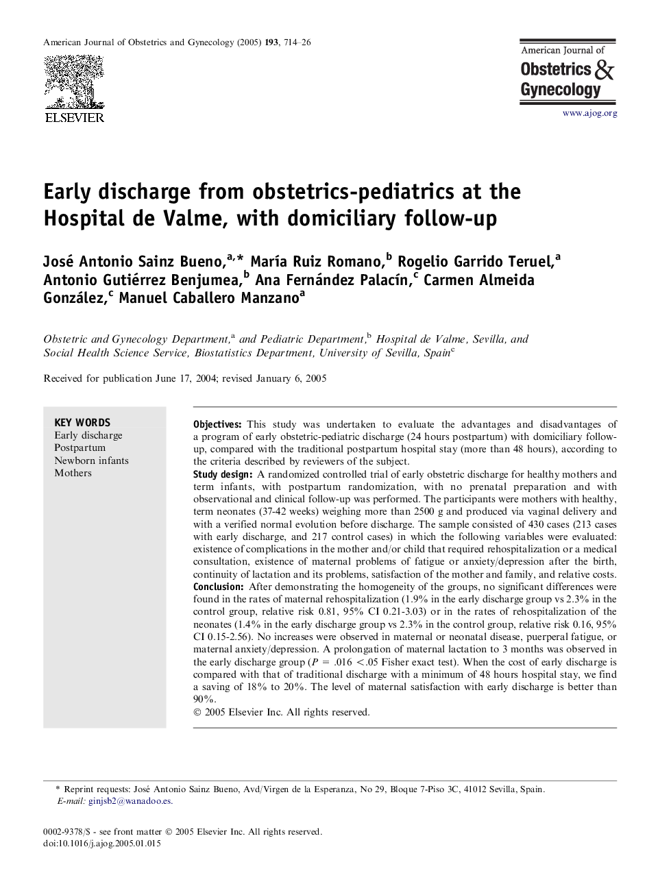 Early discharge from obstetrics-pediatrics at the Hospital de Valme, with domiciliary follow-up