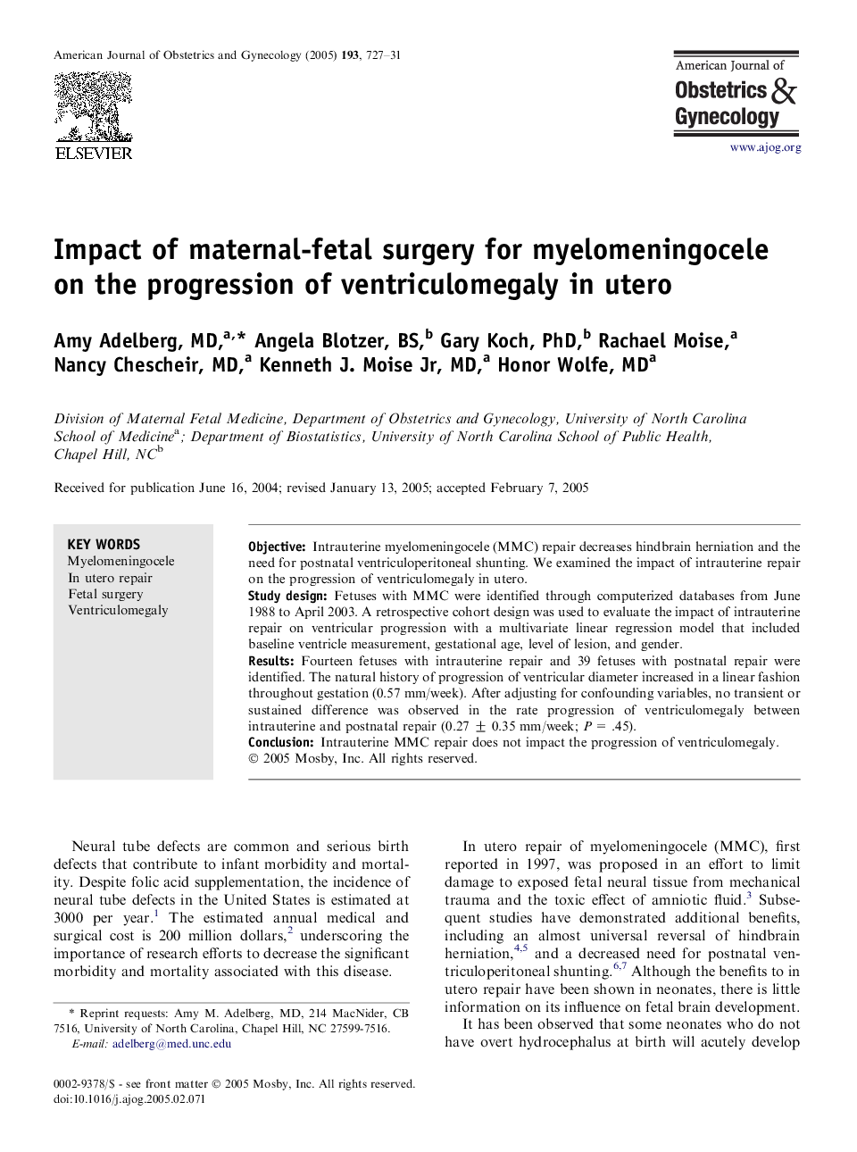 Impact of maternal-fetal surgery for myelomeningocele on the progression of ventriculomegaly in utero