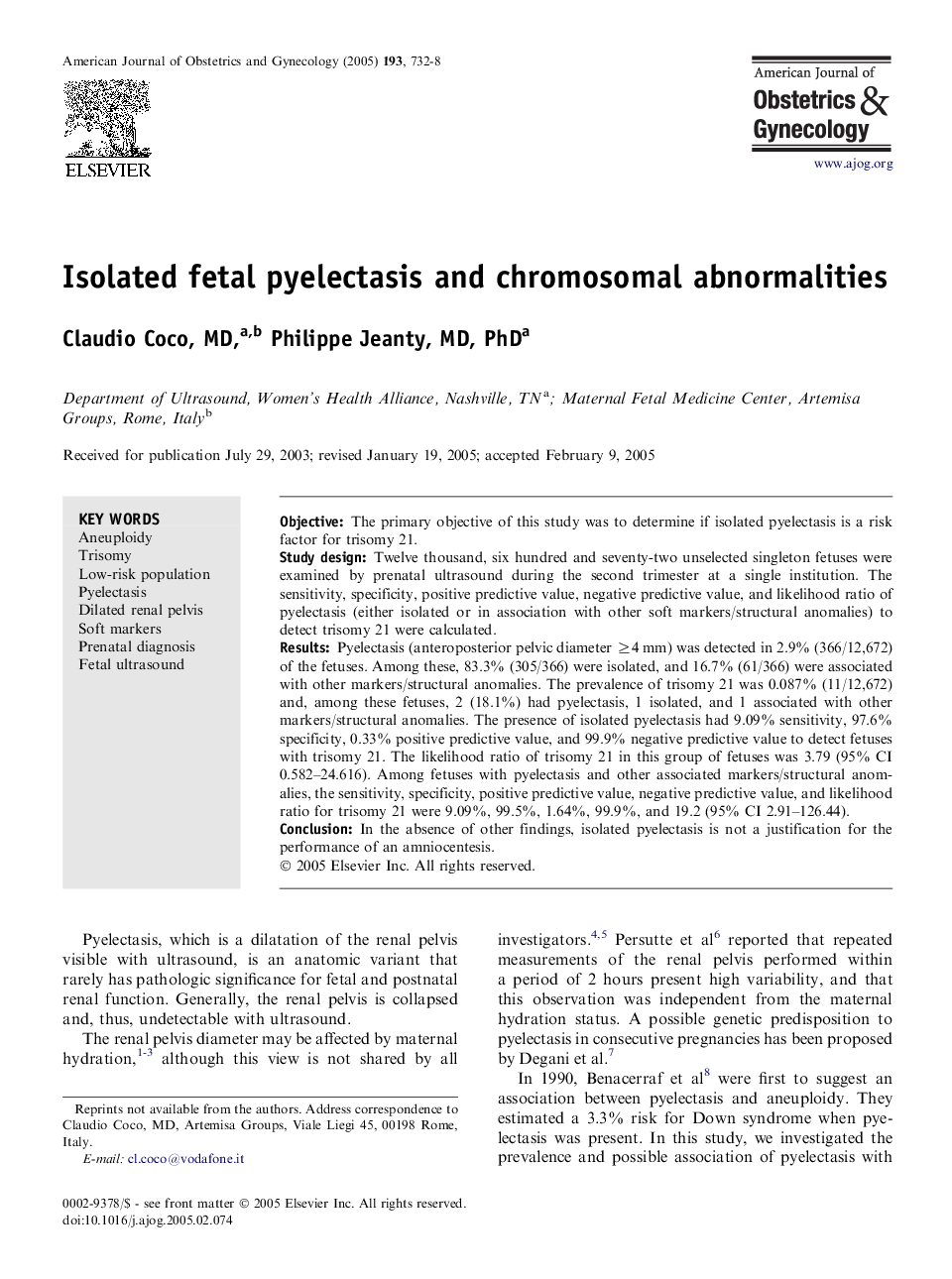 Isolated fetal pyelectasis and chromosomal abnormalities