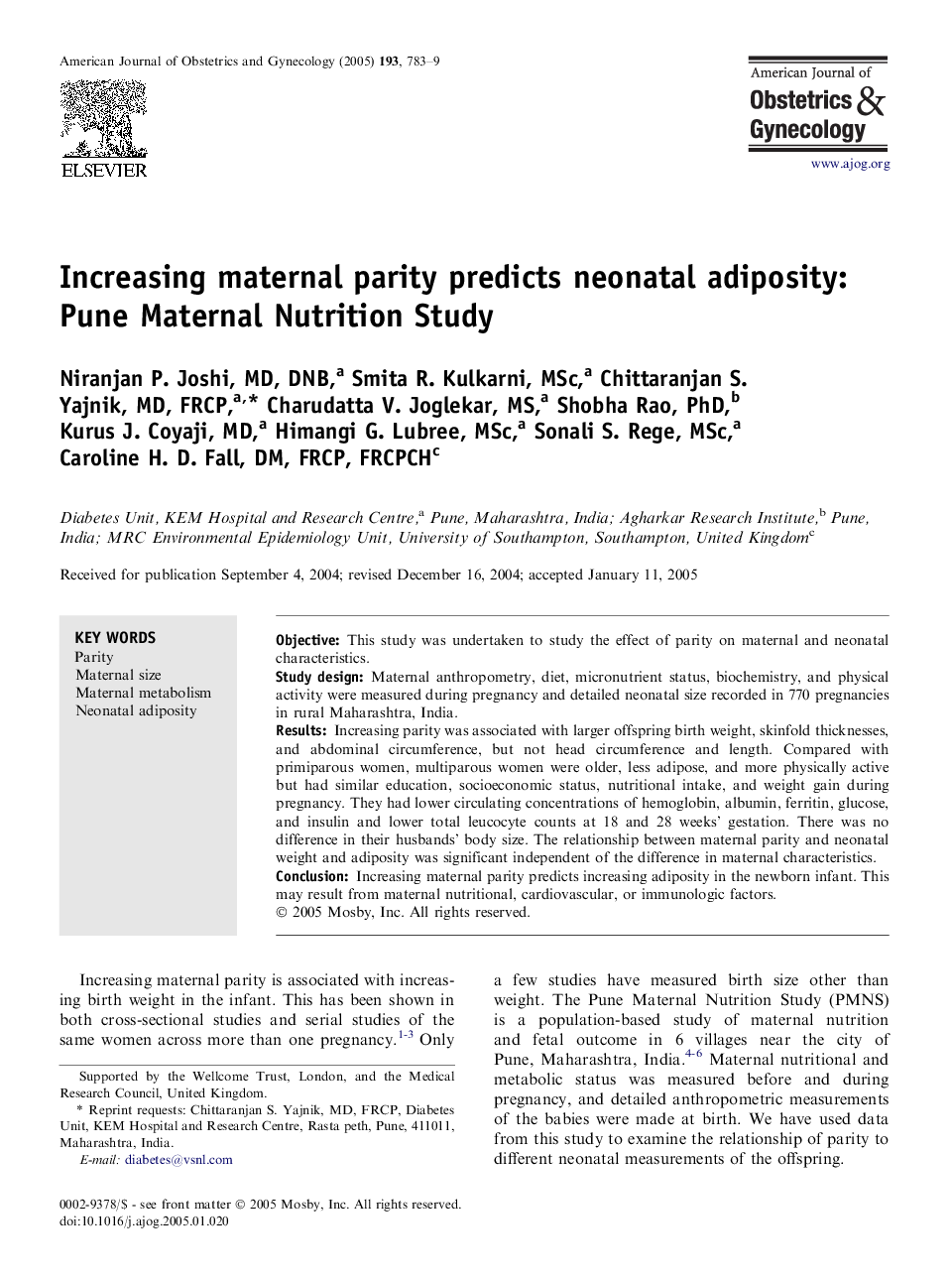 Increasing maternal parity predicts neonatal adiposity: Pune Maternal Nutrition Study