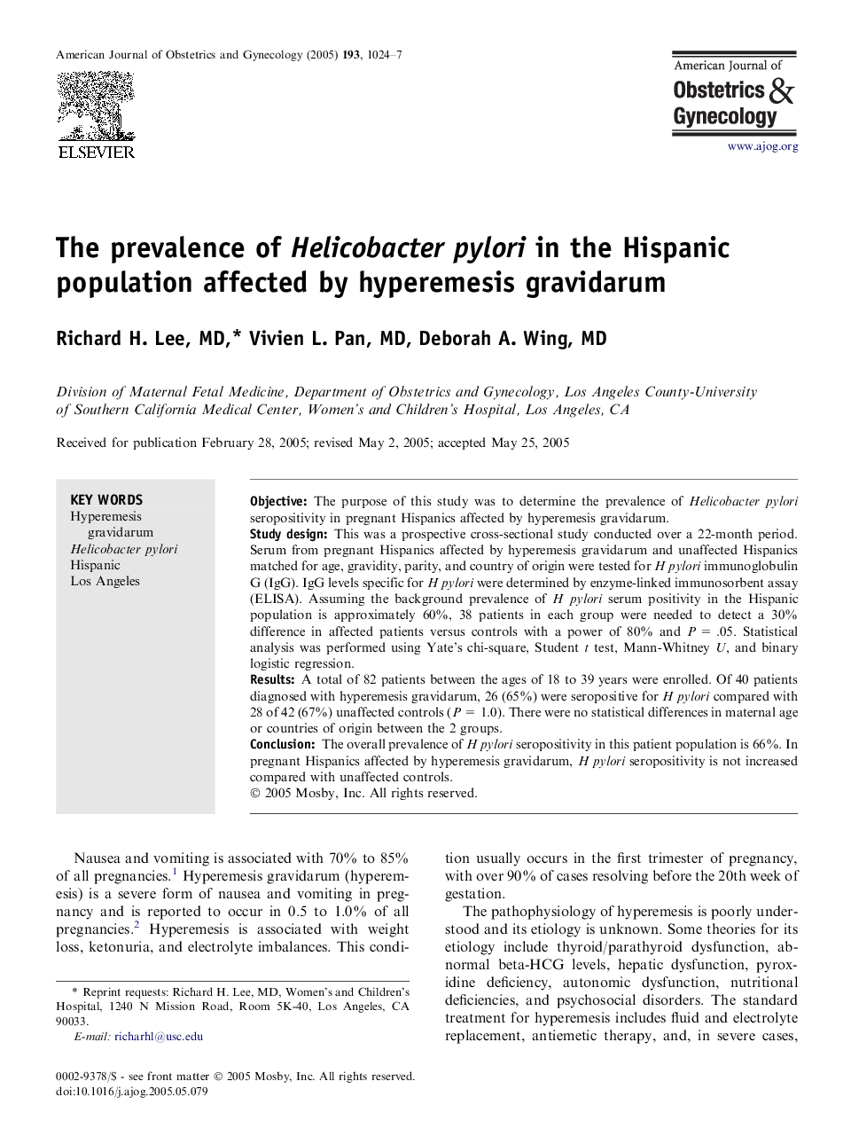 The prevalence of Helicobacter pylori in the Hispanic population affected by hyperemesis gravidarum