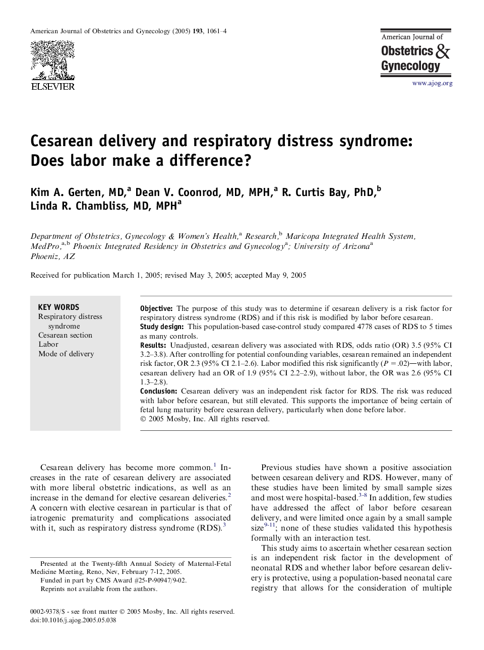 Cesarean delivery and respiratory distress syndrome: Does labor make a difference?