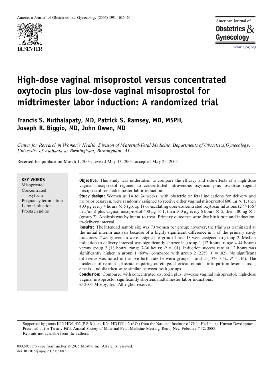 High-dose vaginal misoprostol versus concentrated oxytocin plus low-dose vaginal misoprostol for midtrimester labor induction: A randomized trial