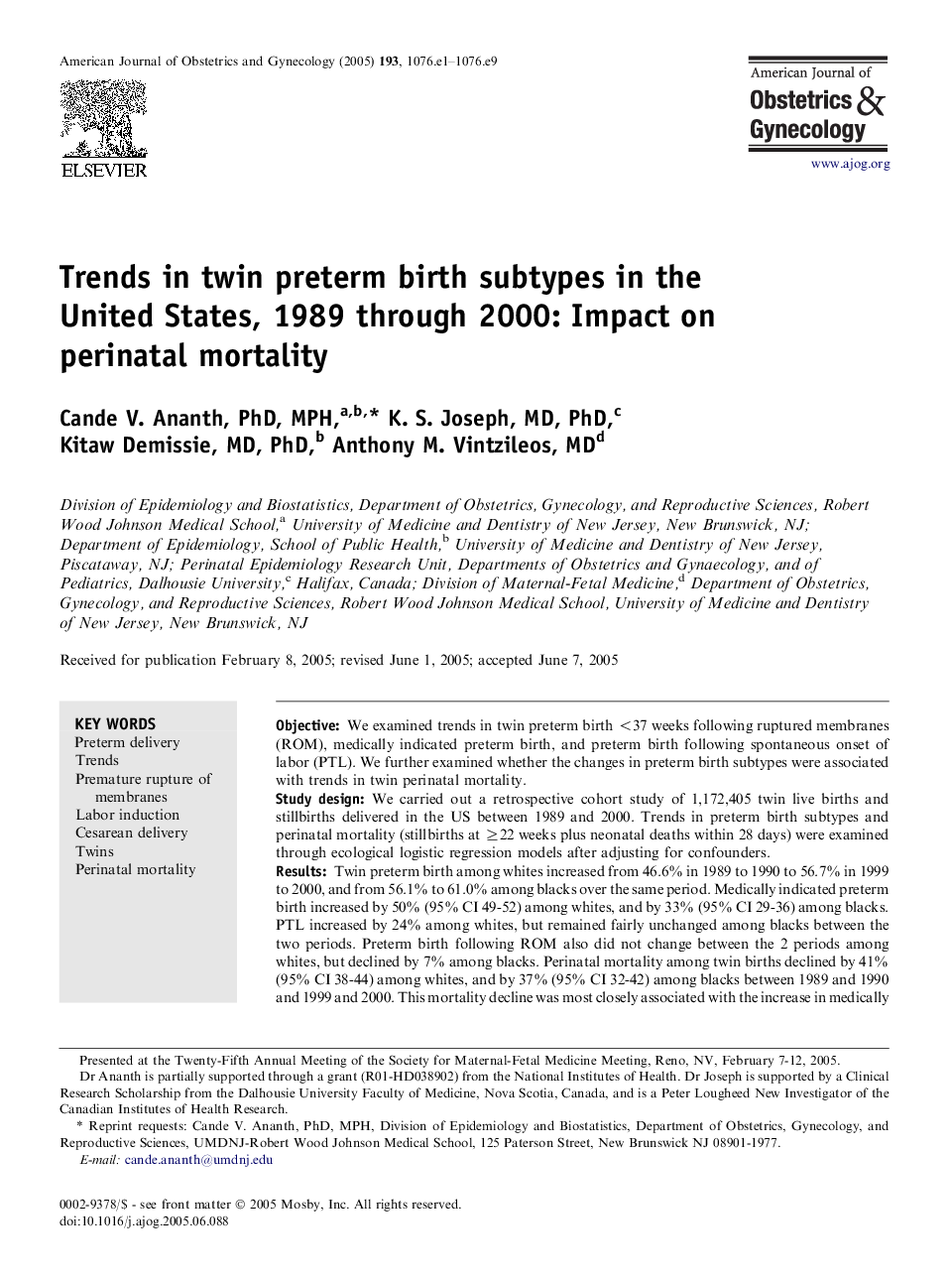 Trends in twin preterm birth subtypes in the United States, 1989 through 2000: Impact on perinatal mortality