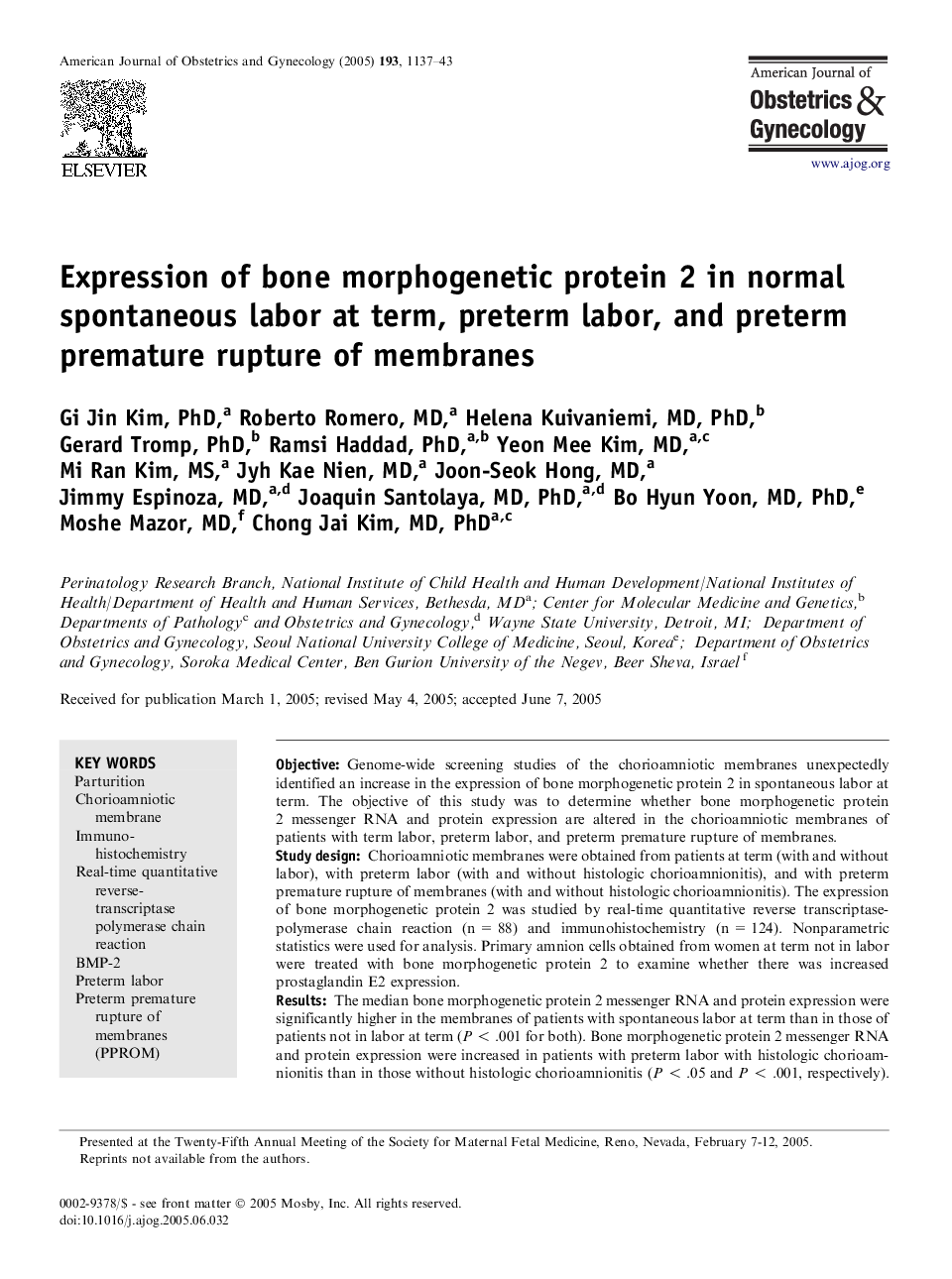 Expression of bone morphogenetic protein 2 in normal spontaneous labor at term, preterm labor, and preterm premature rupture of membranes